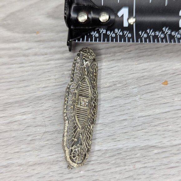 Edwardian Style 10K White Gold & Diamond Filigree Bar Pin/Brooch 2" - Picture 6 of 11